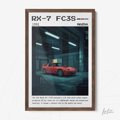 framed artwork featuring a 1991 Mazda RX-7 FC3S illustration, set in a garage with soft lighting