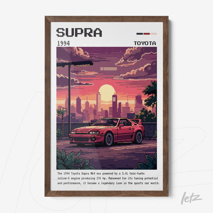 pixel art framed print of a 1994 Toyota Supra sports car in an urban sunset scene with dark wood frame