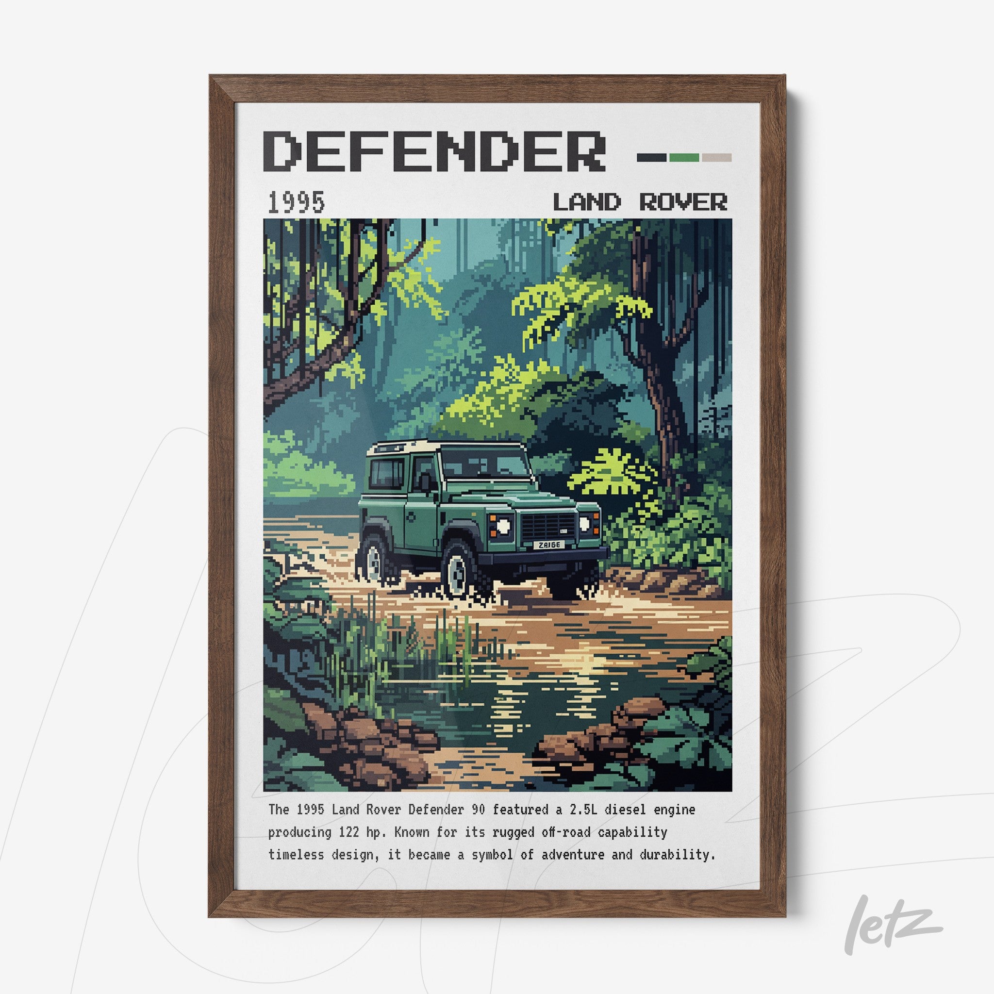 framed pixel art of 1995 land rover defender 90 in a forest setting with dark wooden frame