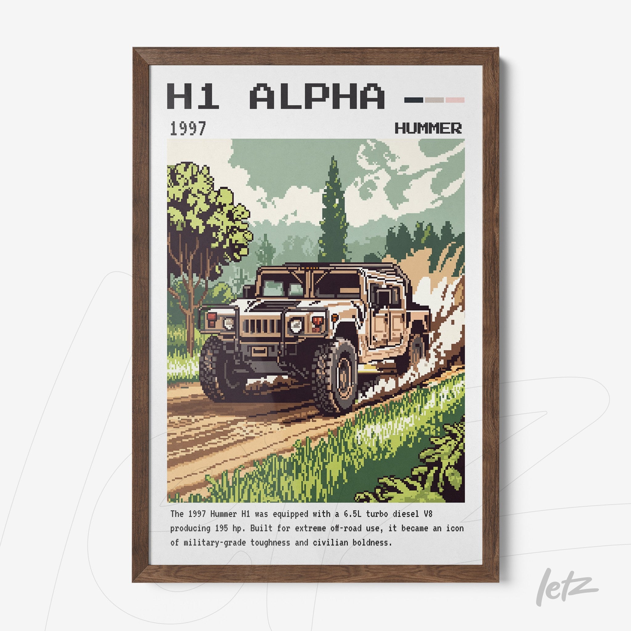 framed retro art of 1997 Hummer H1 truck with dark wood frame