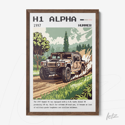 framed retro art of 1997 Hummer H1 truck with dark wood frame