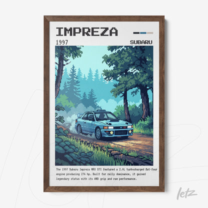 framed pixel art of the 1997 Subaru Impreza with dark wood frame