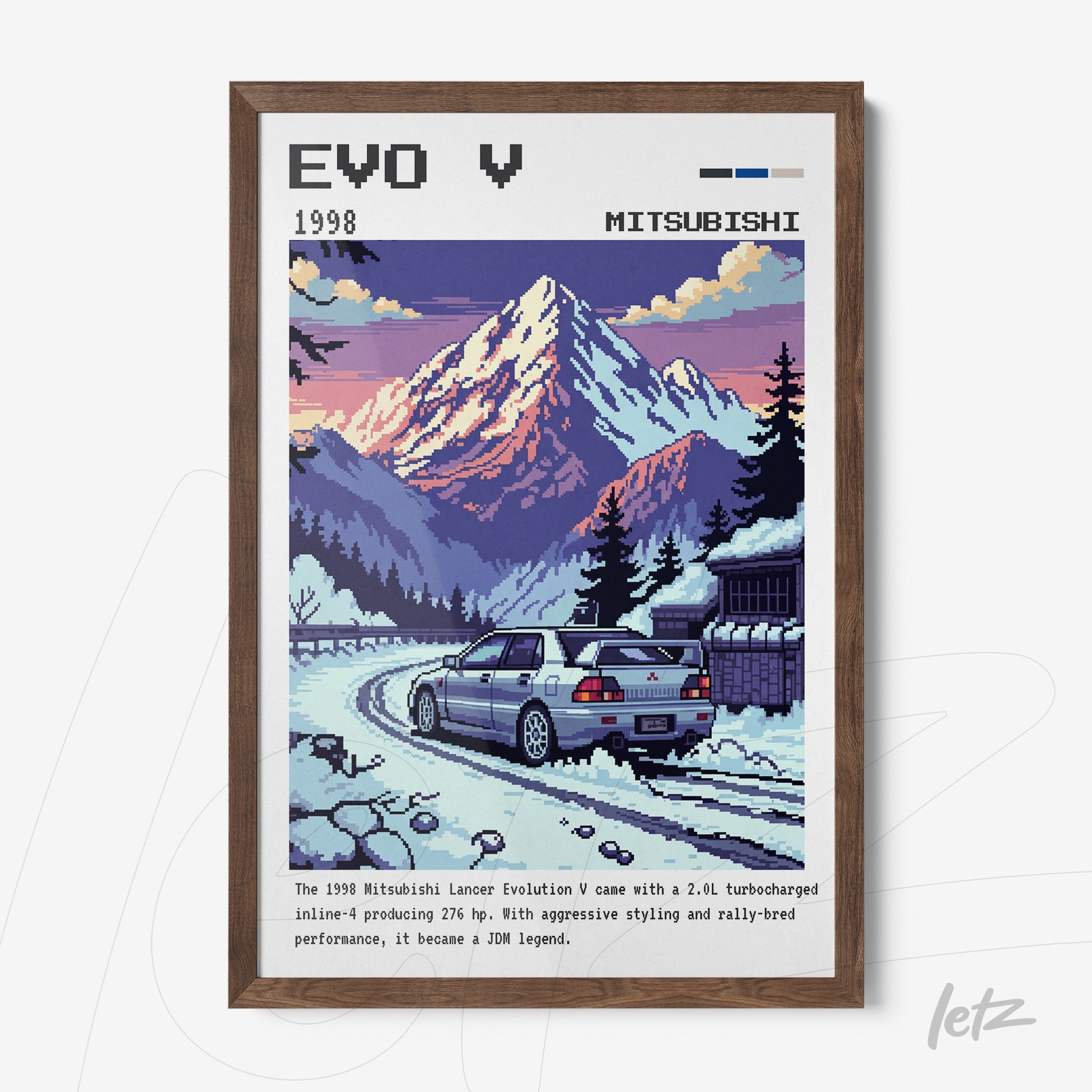 pixel art wall decor featuring 1998 Mitsubishi Lancer Evolution with retro style in dark wood frame
