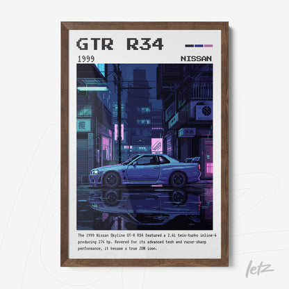 framed digital artwork of Nissan Skyline GT-R R34 in a vibrant urban setting with a dark wooden frame
