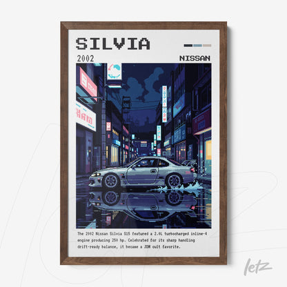digital artwork of 2002 Nissan Silvia set in a nighttime urban scene with dark wood frame