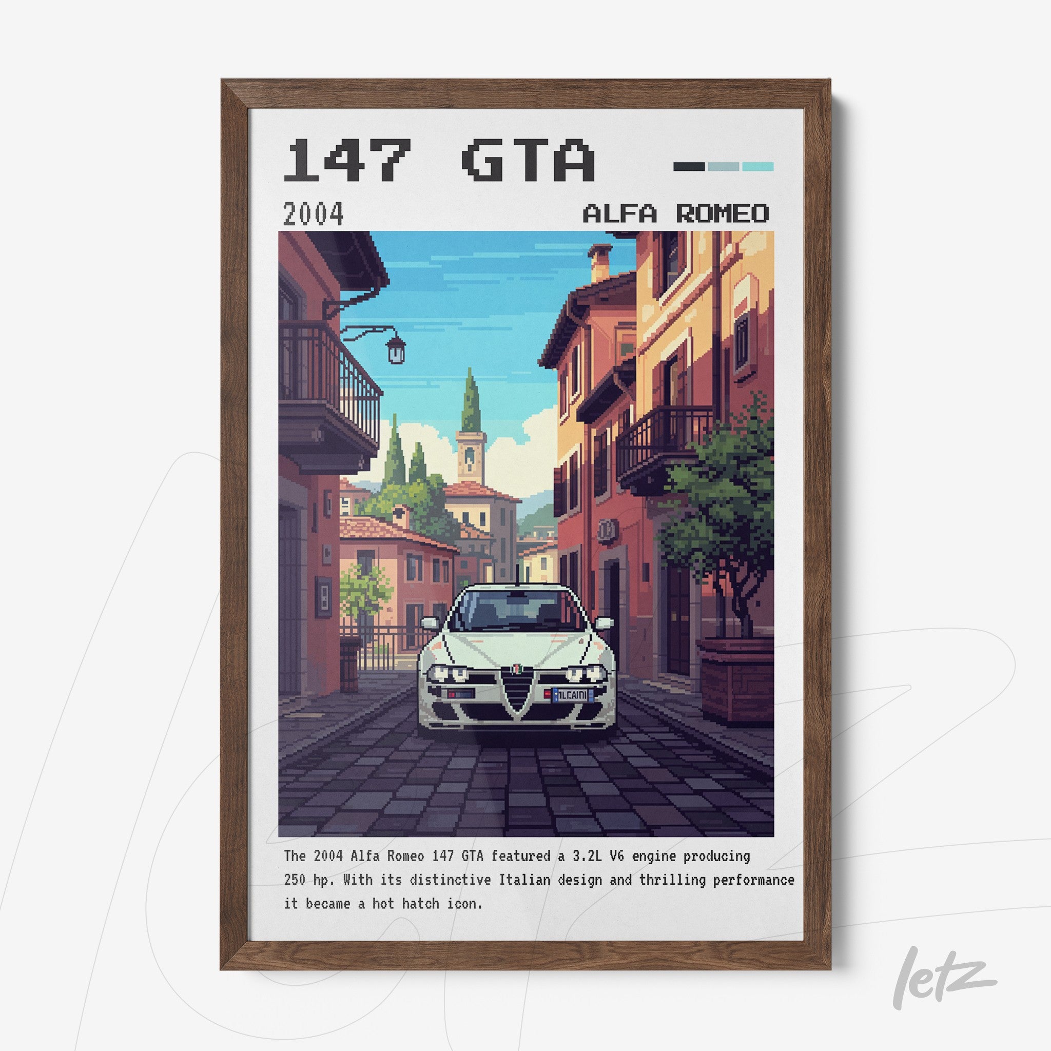 pixel art print of alfa romeo 147 gta on italian street with dark wooden frame