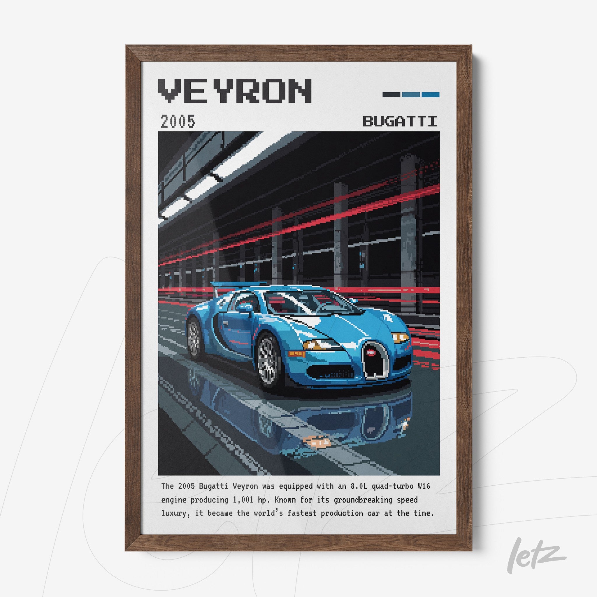 framed pixel art of a blue Bugatti Veyron car with dark wood frame