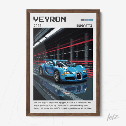 framed pixel art of a blue Bugatti Veyron car with dark wood frame