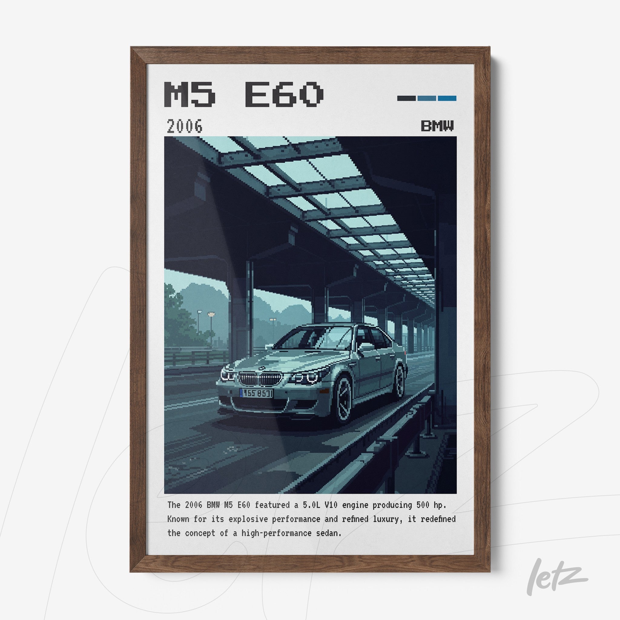 framed digital illustration of the 2006 BMW M5 E60 sports car in light wood frame against a gray background