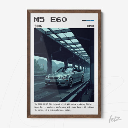 framed digital illustration of the 2006 BMW M5 E60 sports car in light wood frame against a gray background