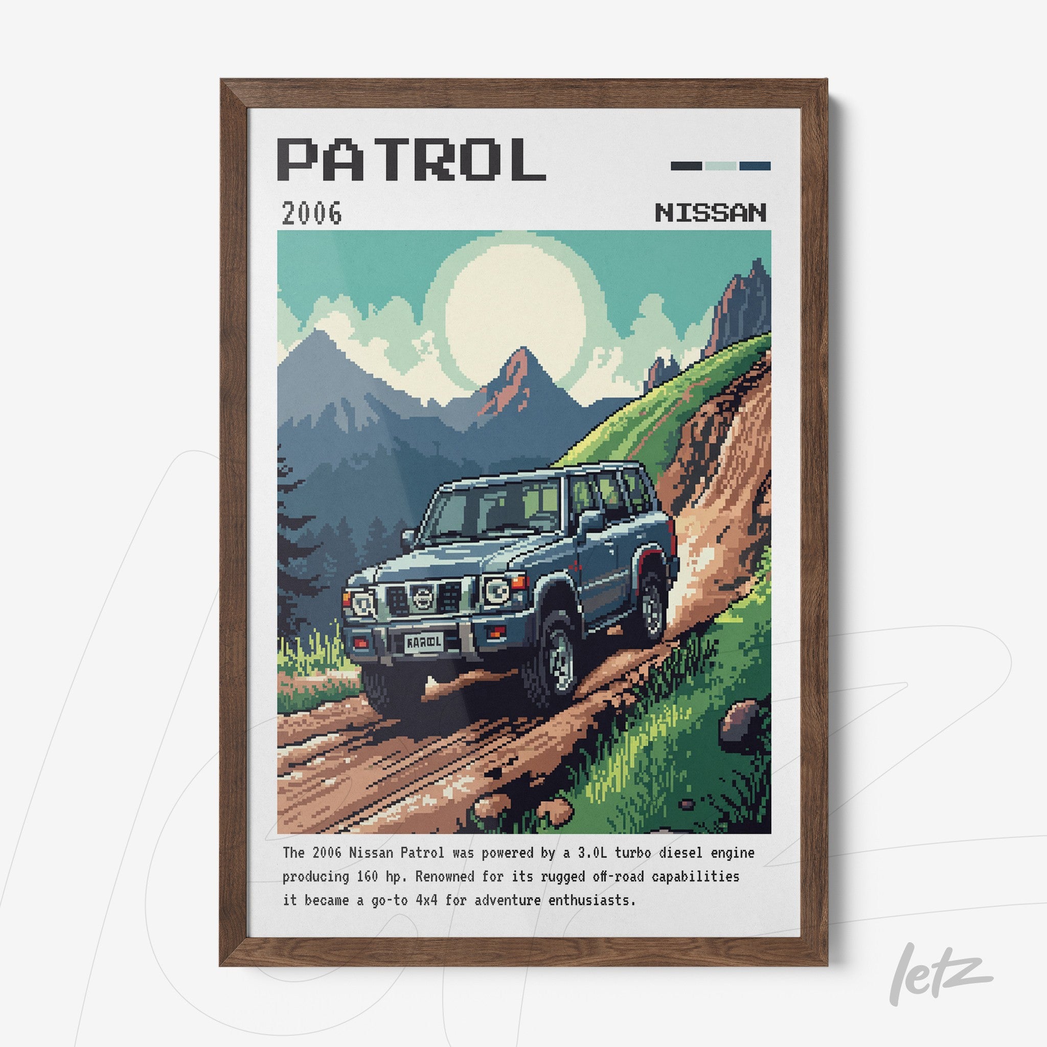 retro style digital art of a Nissan Patrol vehicle on a mountain trail with dark wood frame