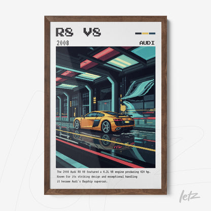 framed digital artwork of Audi R8 V8 sports car with dark wood frame