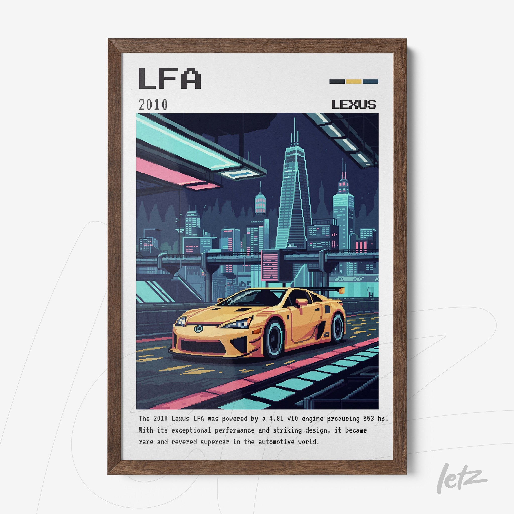 retro style framed wall art featuring a lexus lfa car in a futuristic city with neon lights