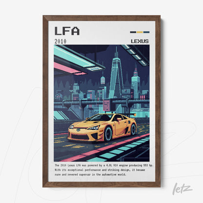 retro style framed wall art featuring a lexus lfa car in a futuristic city with neon lights