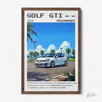 pixel art print of Volkswagen Golf GTI in a dark wood frame
