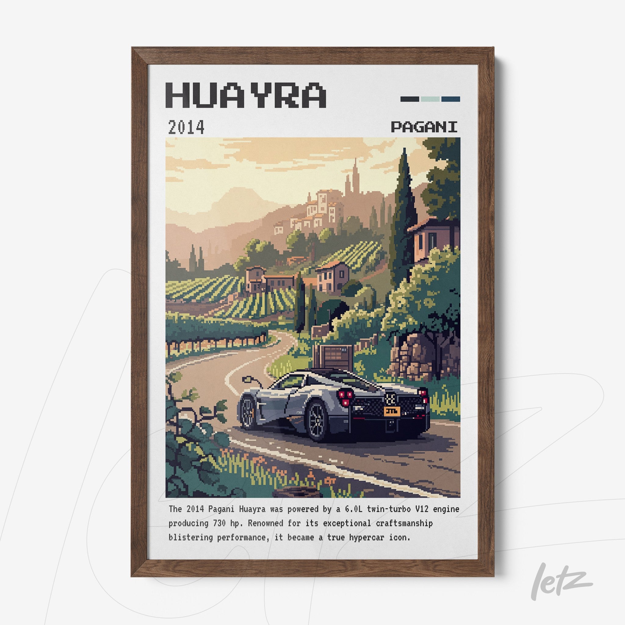 framed pixel art of a Pagani Huayra car in a mountainous landscape with dark wooden frame