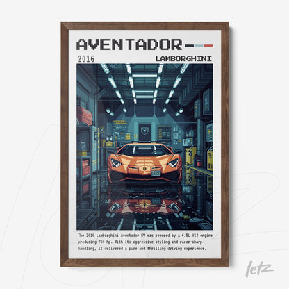 framed artwork of a Lamborghini Aventador in a garage setting with dark wood frame