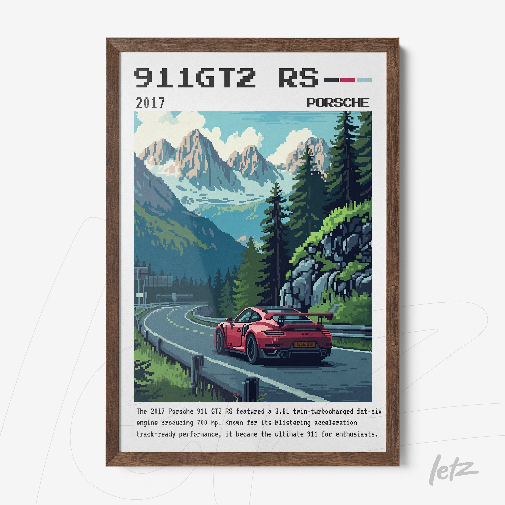 framed digital artwork of a porsche 911 gt2 rs in pixel art style with dark wooden frame