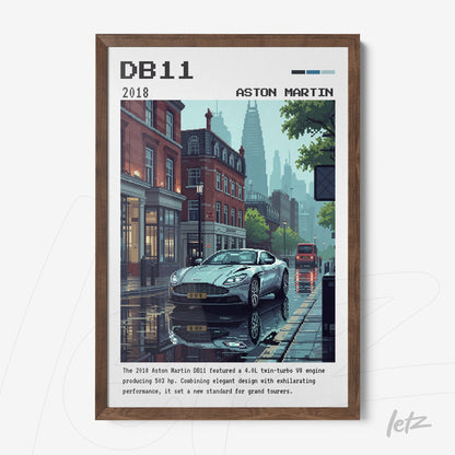 framed digital art of Aston Martin DB11 in a rainy urban setting with light wooden frame