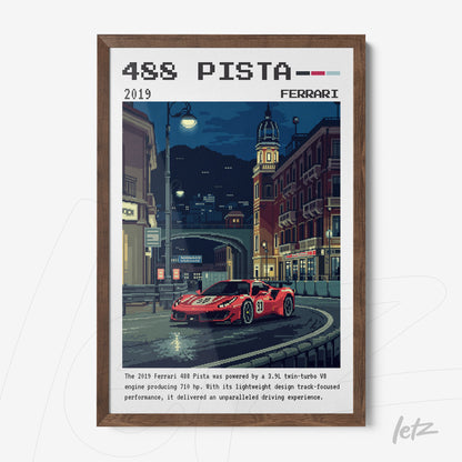 pixel art style framed print of Ferrari 488 Pista in a nighttime city scene with illuminated buildings in the background