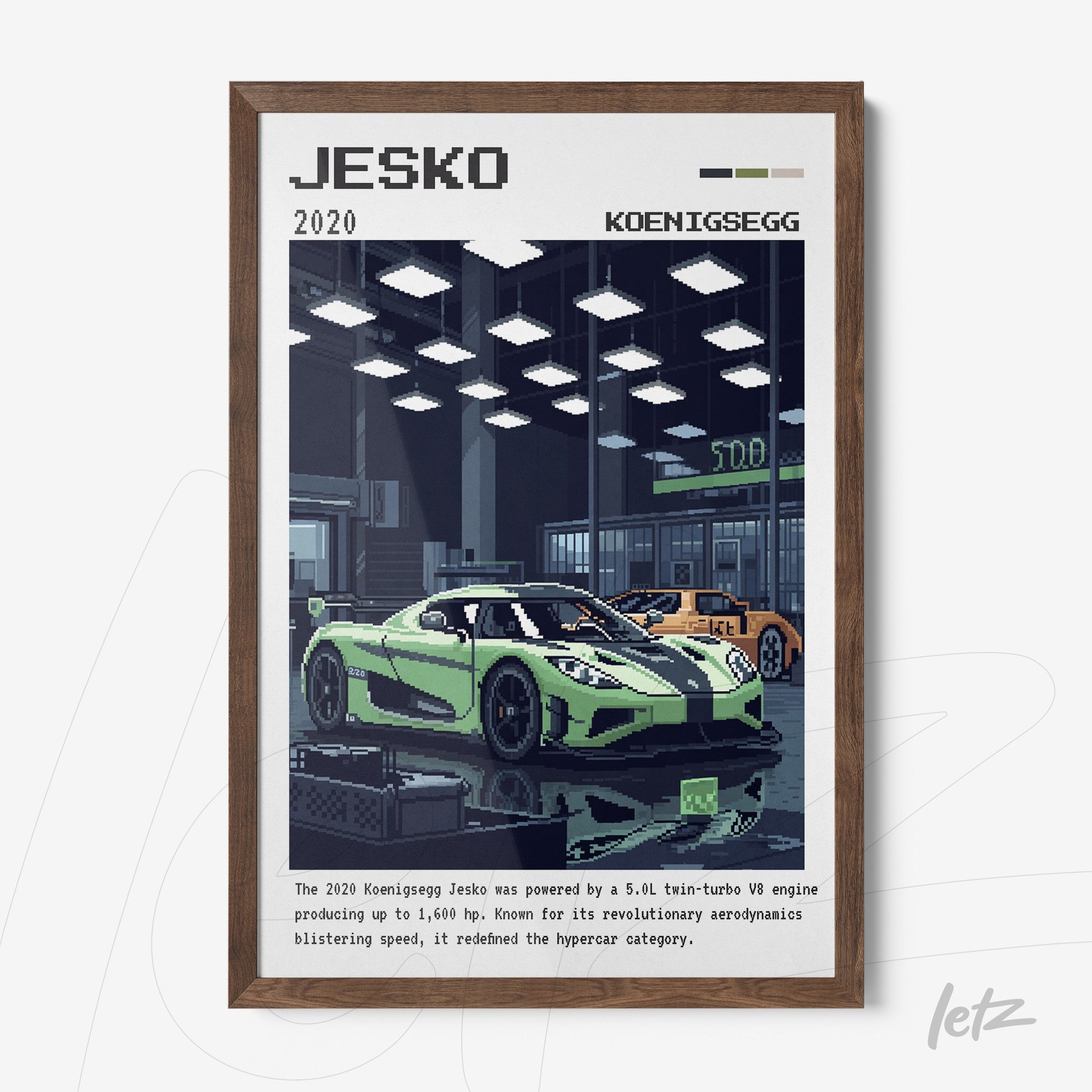 framed artwork of the Koenigsegg Jesko hypercar with dark wooden frame