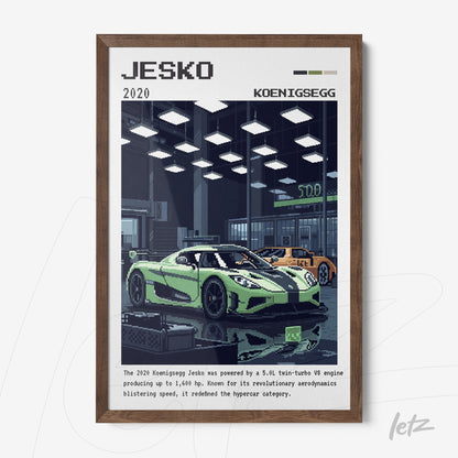 framed artwork of the Koenigsegg Jesko hypercar with dark wooden frame