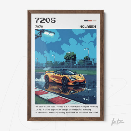 framed wall art featuring digital illustration of McLaren 720S sports car on wet track with dark wooden frame