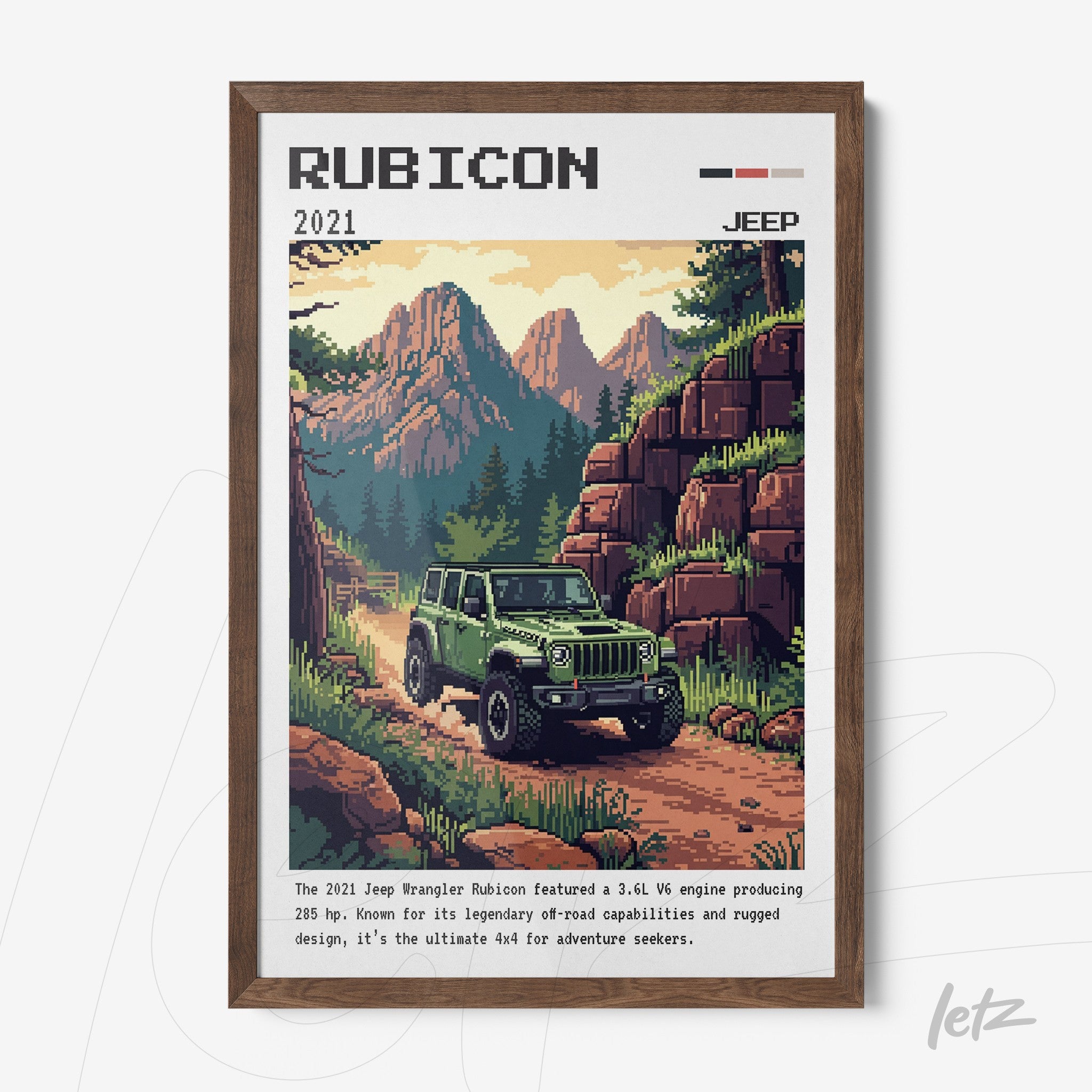 framed digital art of the 2021 Jeep Wrangler Rubicon in a dark wood frame
