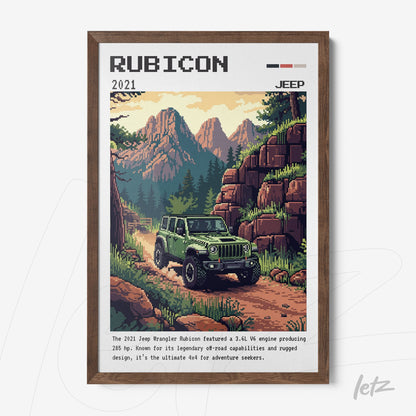 framed digital art of the 2021 Jeep Wrangler Rubicon in a dark wood frame