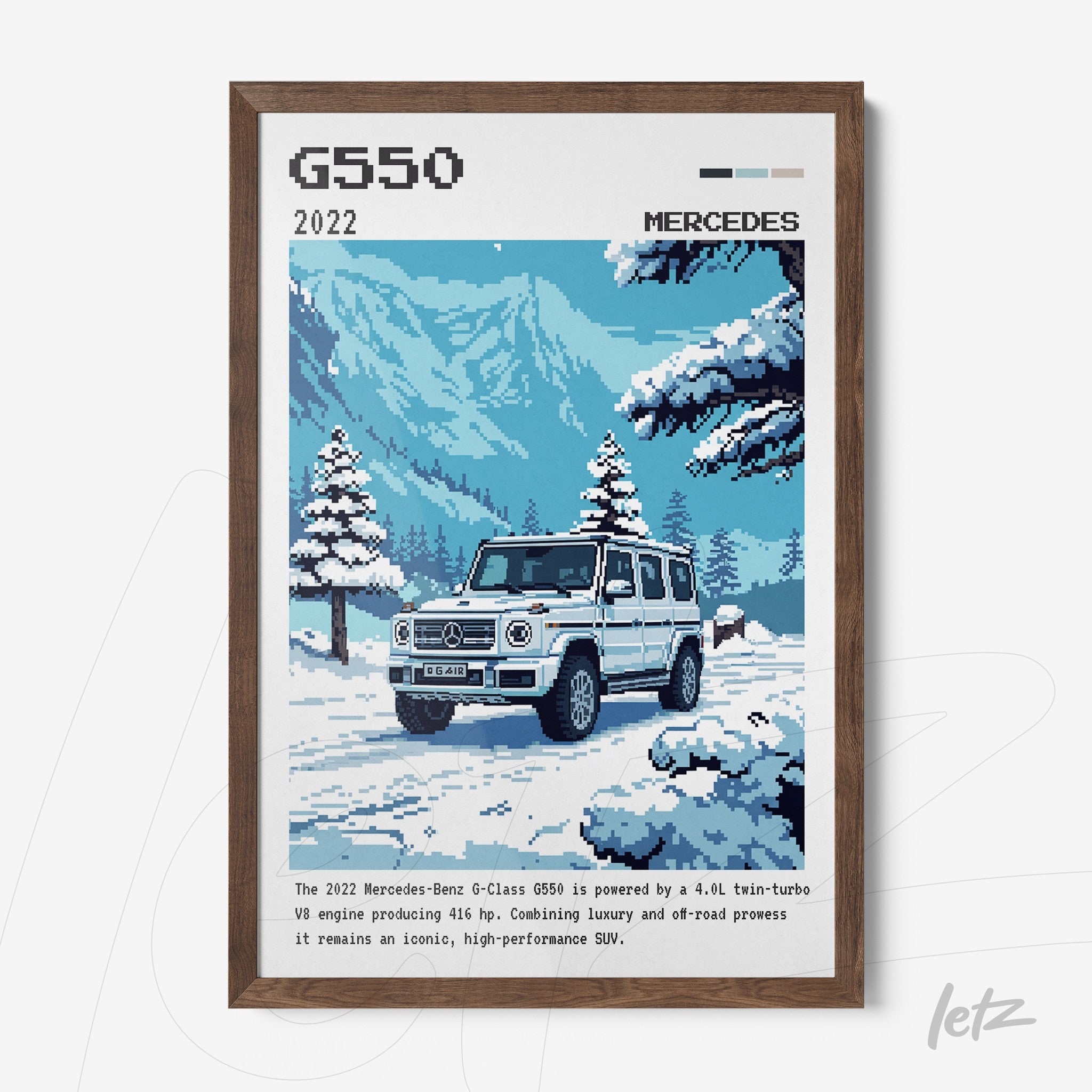 framed digital art of the 2022 Mercedes-Benz G-Class in a snowy mountain landscape with dark wooden frame