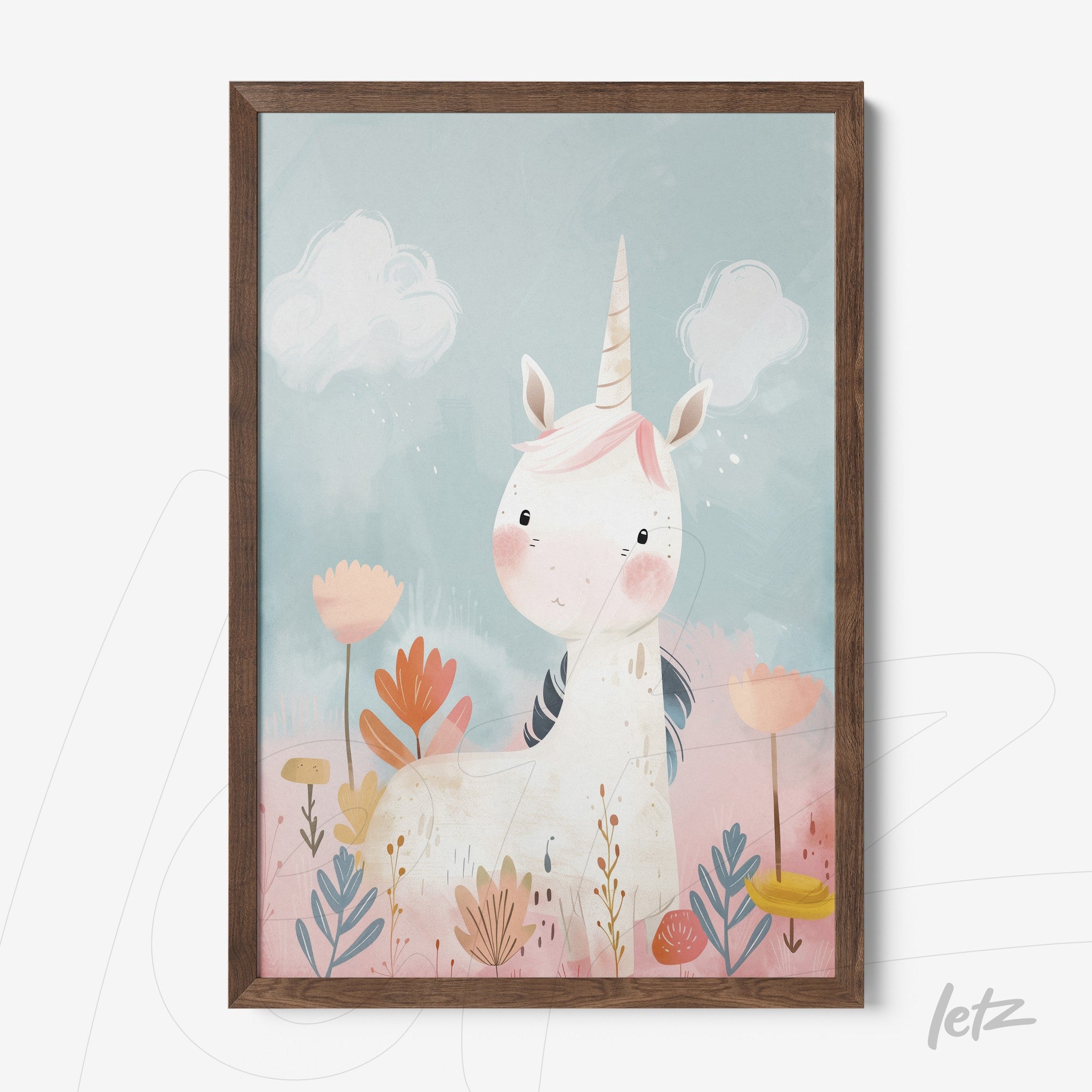 framed artwork featuring a unicorn in a flower field with a dark wooden frame