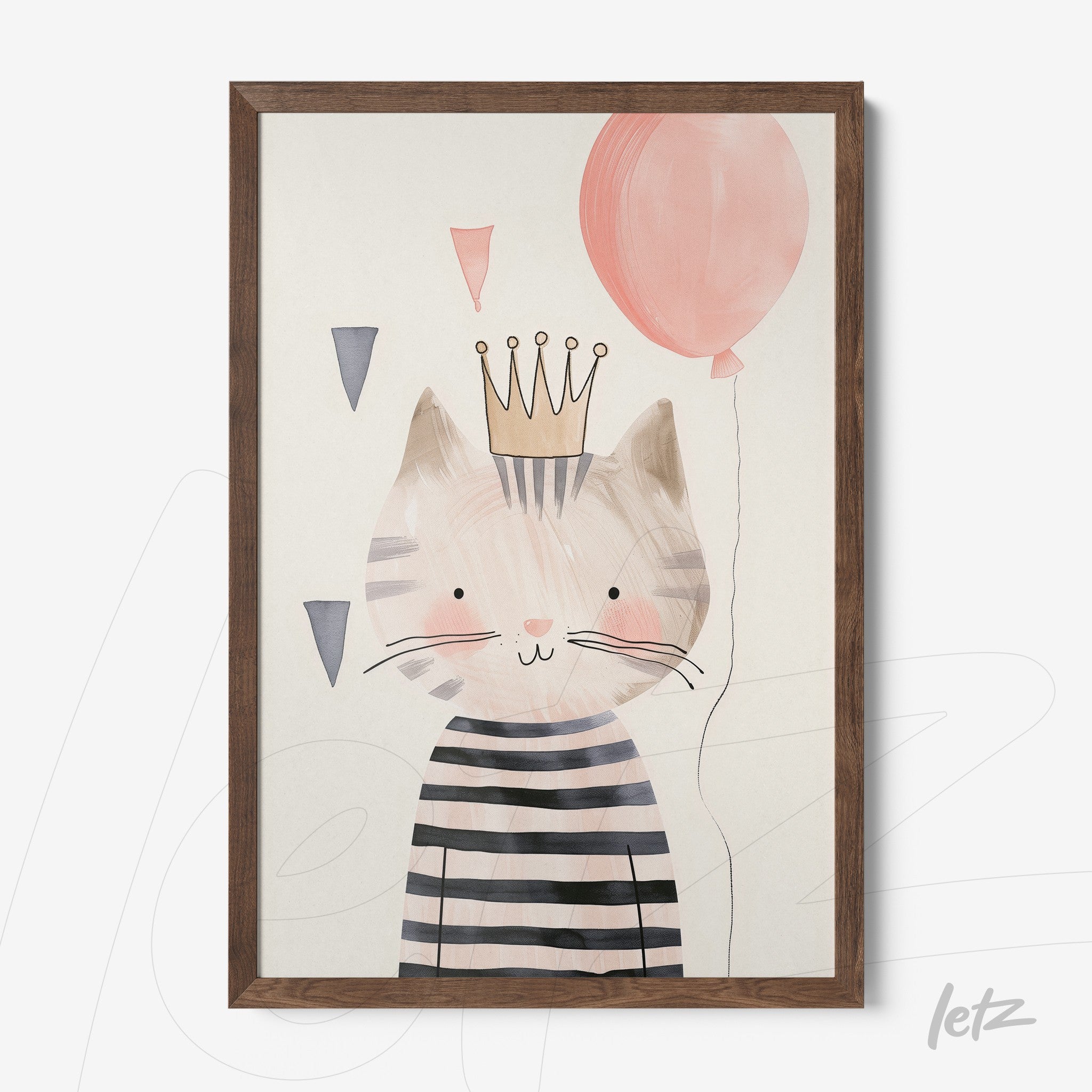 framed illustration of a cat wearing a striped shirt and crown, holding a pink balloon with a dark wooden frame