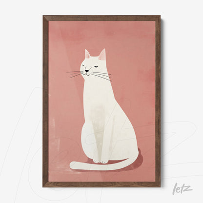 framed minimalist art of a white cat sitting against a pink background with a dark wood frame