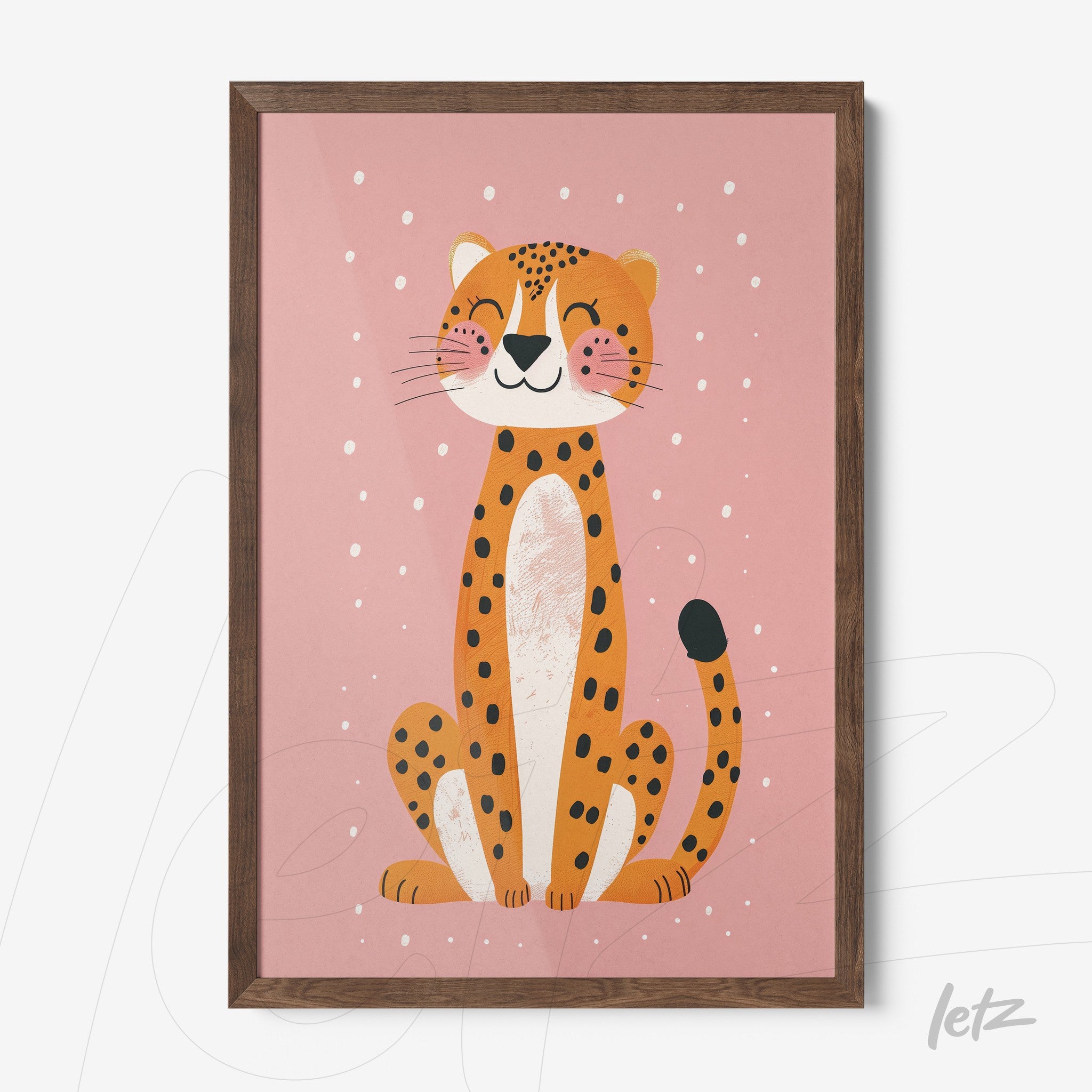 framed artwork of a smiling jaguar with a pink background and brown frame