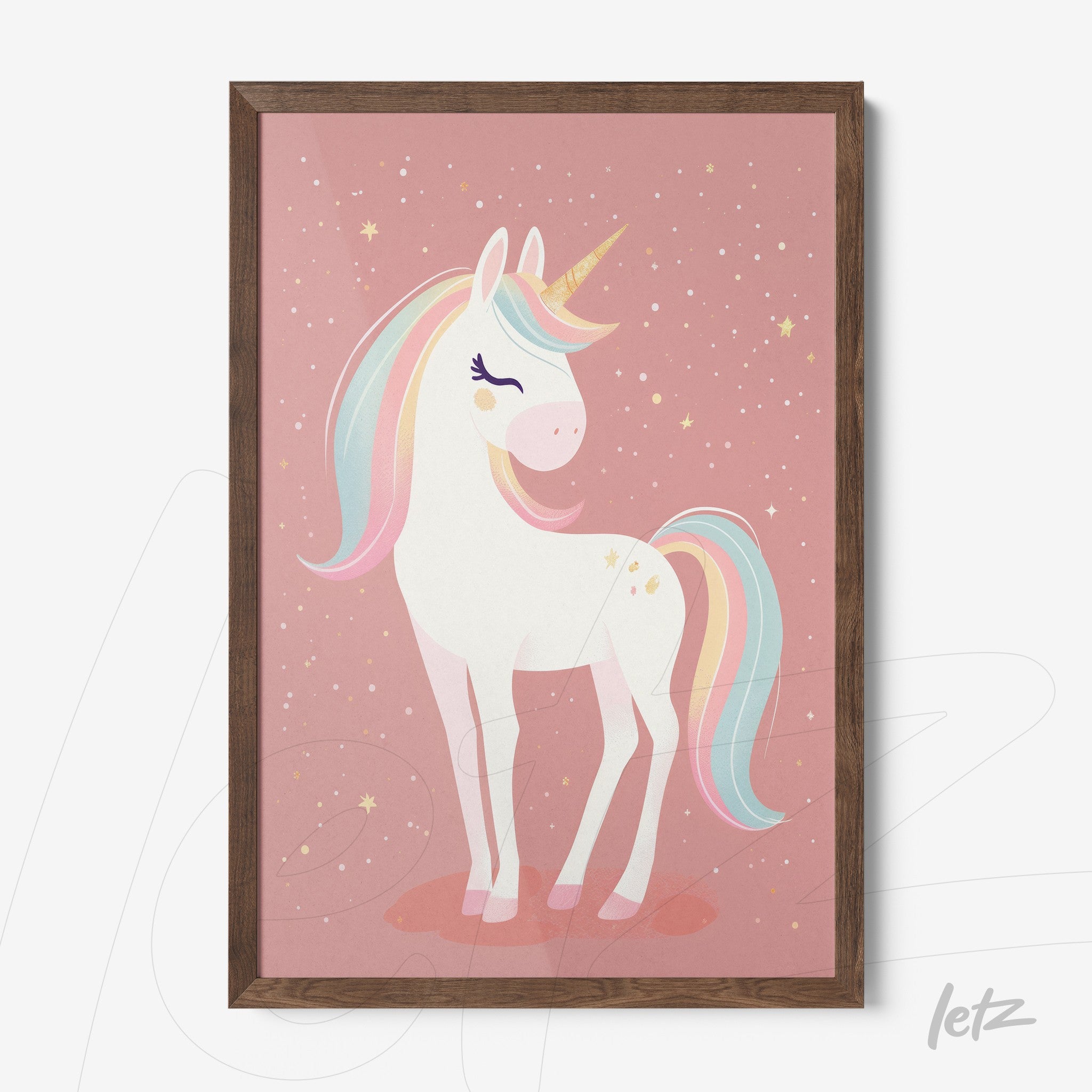 framed artwork of a colorful unicorn with pink background and dark wood frame