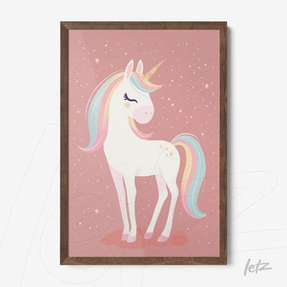 framed artwork of a colorful unicorn with pink background and dark wood frame
