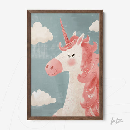 framed artwork featuring a pink unicorn against a blue background with white clouds