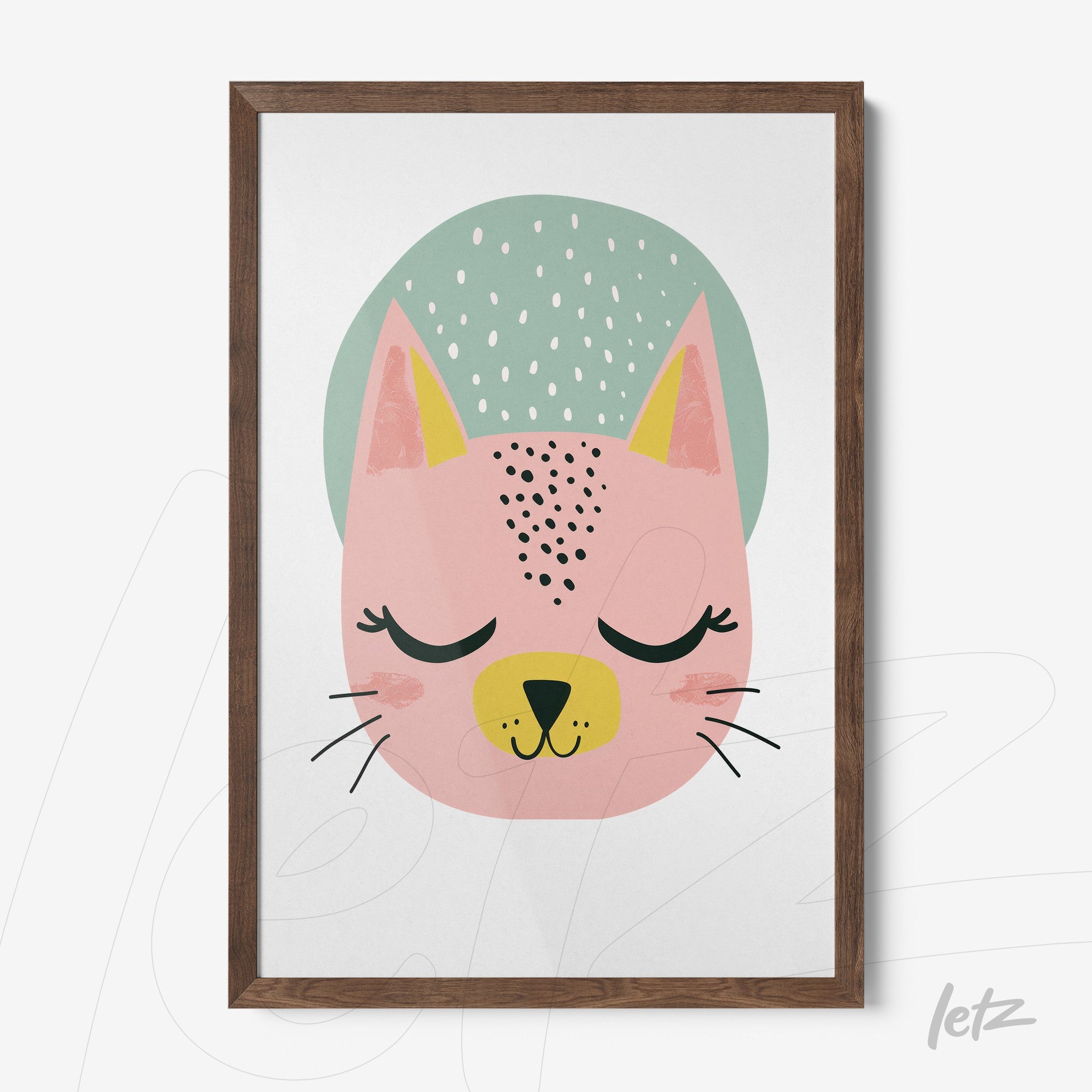 framed art featuring a playful pink cat illustration with a wooden frame