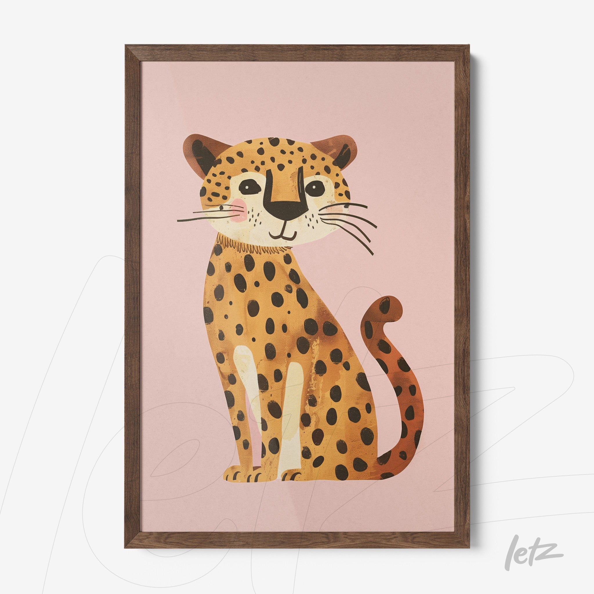 framed wall art featuring a cute smiling leopard illustration on a pink background with light wood frame