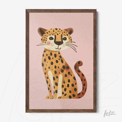 framed wall art featuring a cute smiling leopard illustration on a pink background with light wood frame