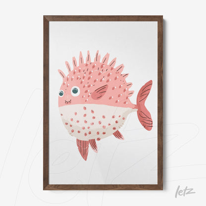 framed artwork of a cute pink fish with a dark wood frame