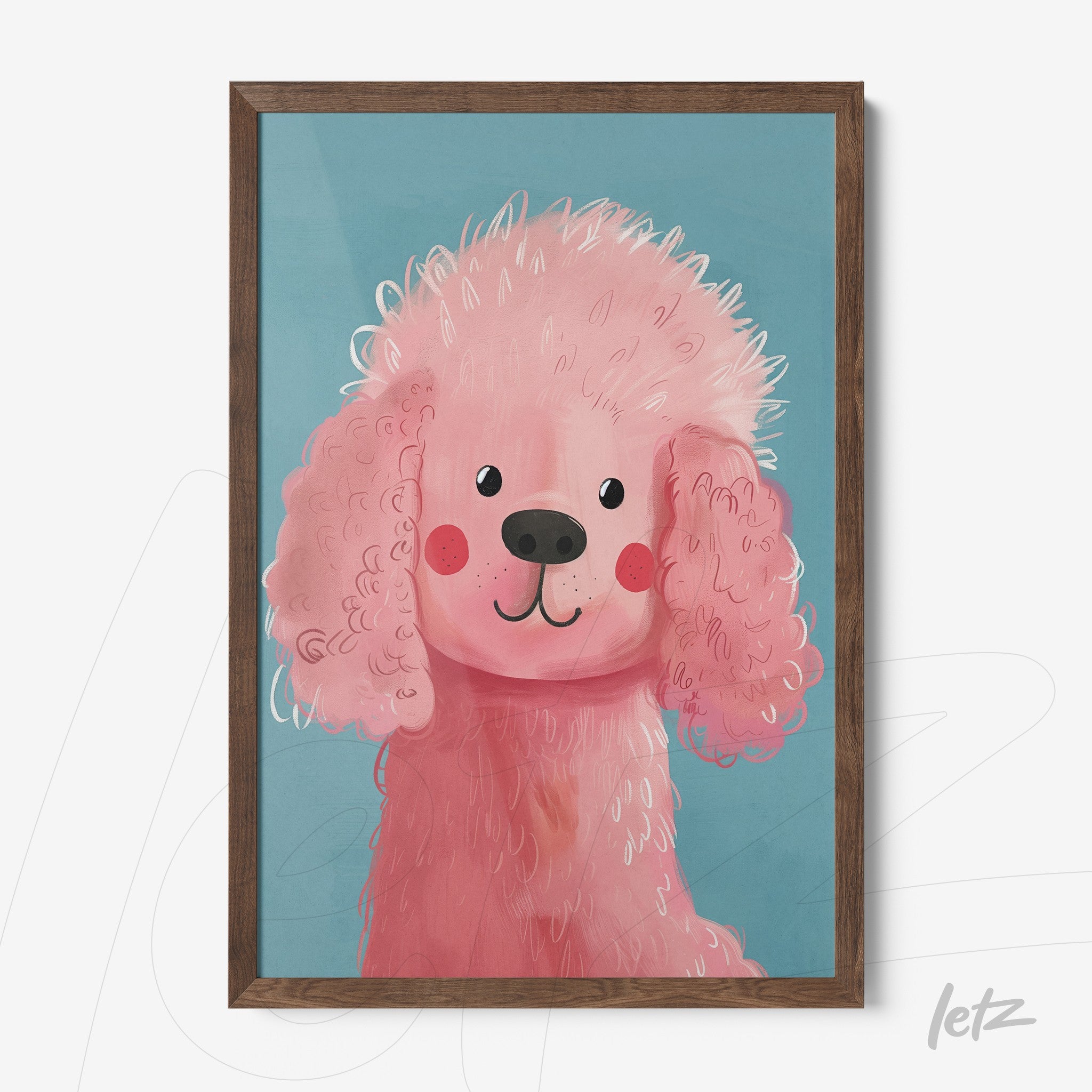 framed art featuring a cute pink poodle illustration against a blue background with a dark wooden frame