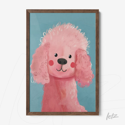 framed art featuring a cute pink poodle illustration against a blue background with a dark wooden frame