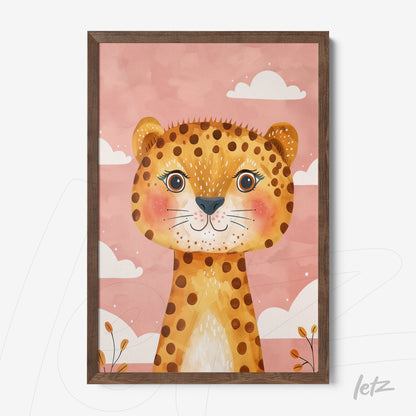 framed wall art featuring a whimsical lion illustration on a pink background with clouds and floral accents