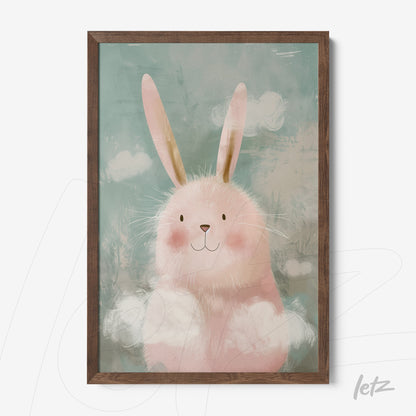 framed artwork of a cute pink rabbit with long ears, light blue background and white clouds