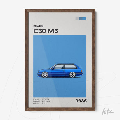 framed artwork featuring the BMW E30 M3 in blue background with dark wooden frame