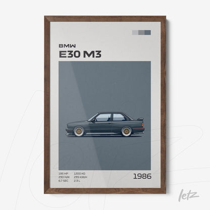 framed digital art of a BMW E30 M3 showcasing its side profile with technical details in the background