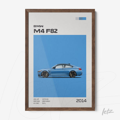 framed wall art featuring an illustration of the BMW M4 F82 on a blue background with a dark wood frame