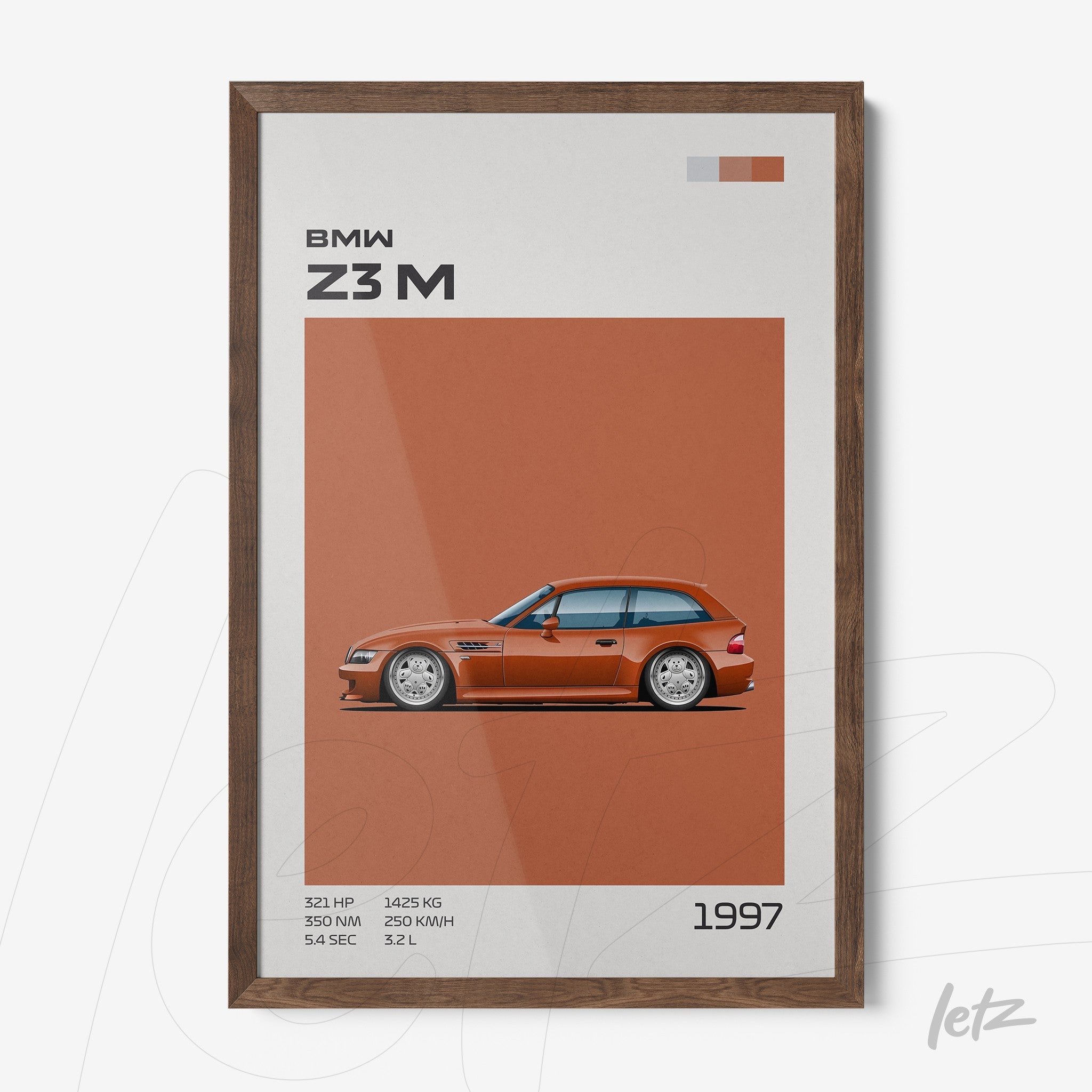 framed wall art featuring a graphic design of BMW Z3M car with dark wood frame