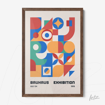 poster with colorful geometric design in dark wood frame